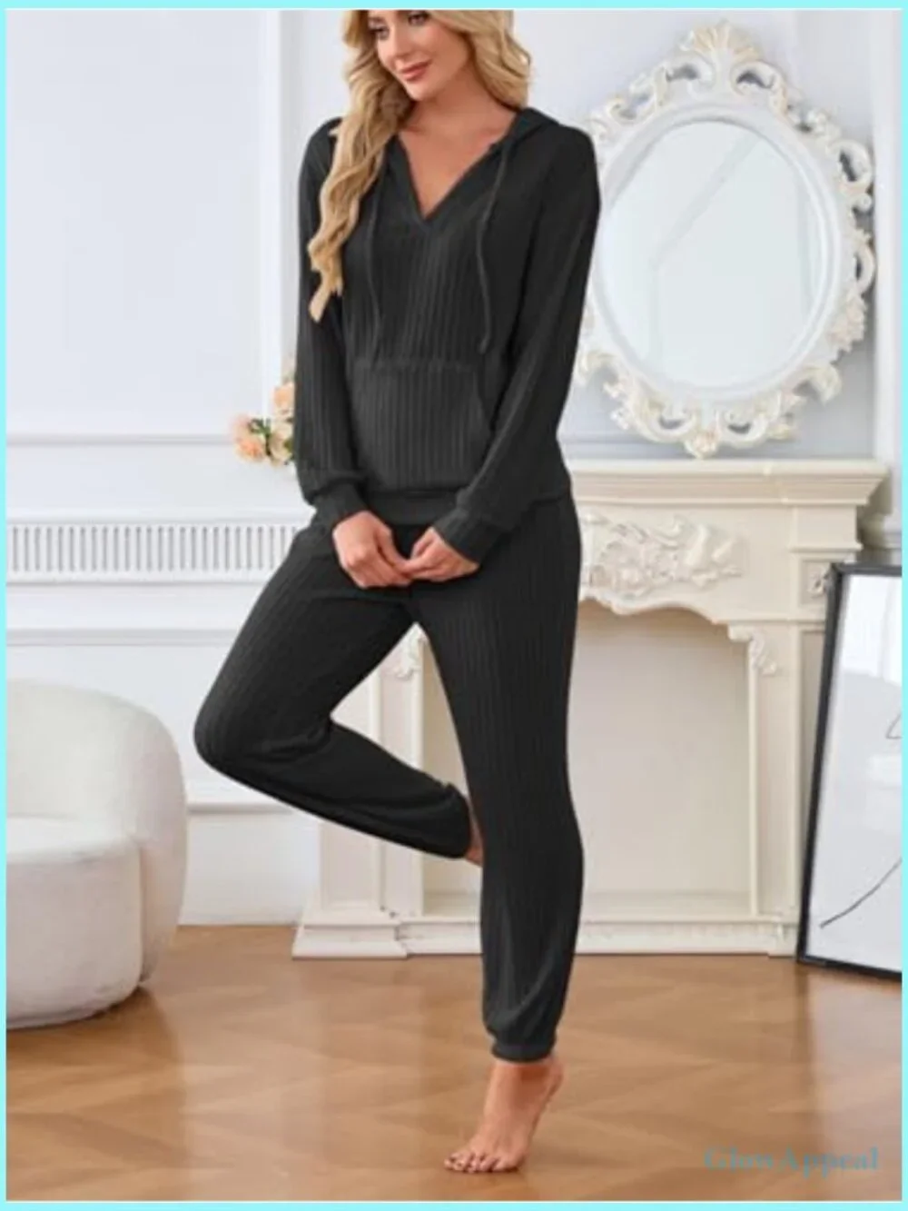 2 Piece Ribbed Knit Pajama Set Hoodie Jogger Pants Pockets